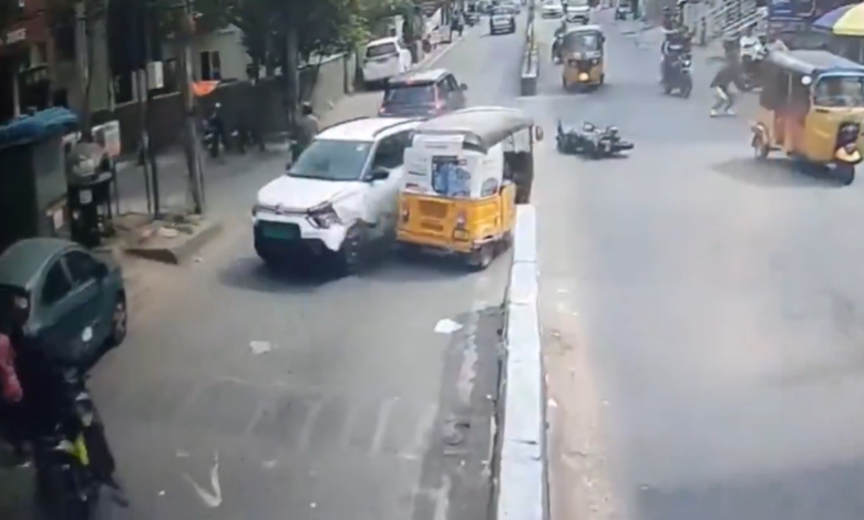 Electric car driver loses control in Hyderabad’s Kukatpally, rams into multiple vehicles